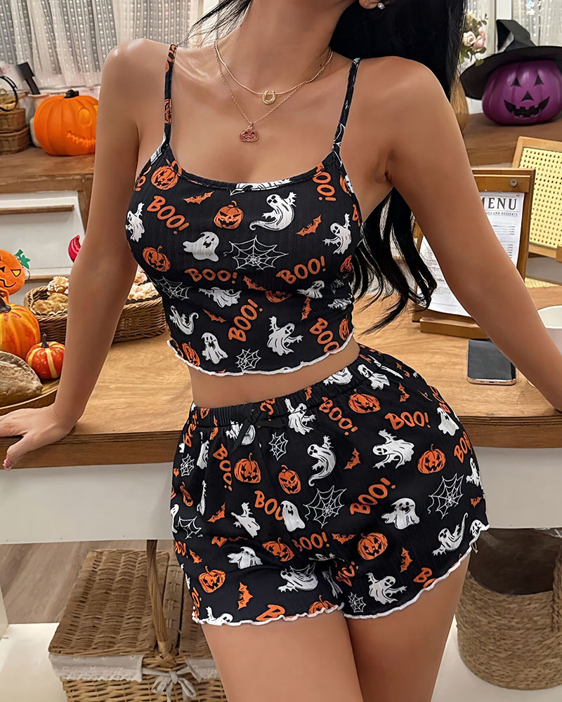 Halloween Pumpkin Ghost Print Crop Cami Top and Shorts Pajama Set - Black 7