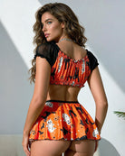 Halloween Ghost Cat Print Satin Crop Top and Mini Skirt Set with Garter - Orange 4