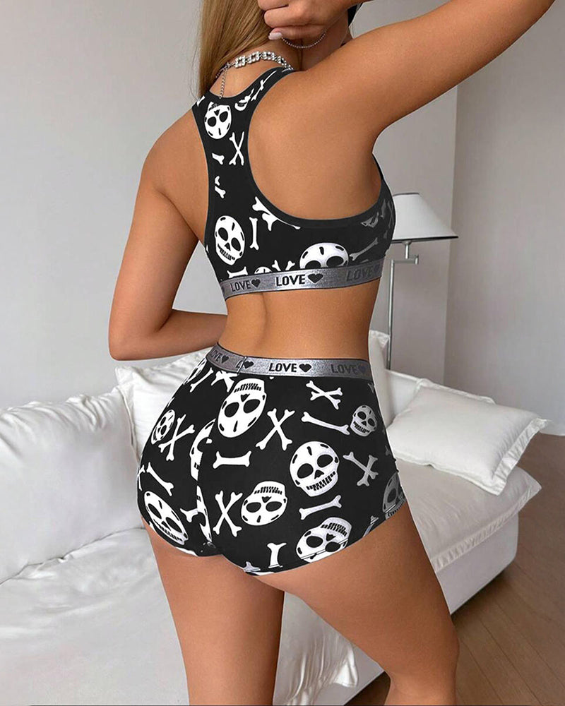 Skull Print Racerback Sports Bra and Boyshorts Lounge Set - Black 5