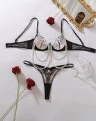 Floral Lace Pearl Chain Bra and Panty Set