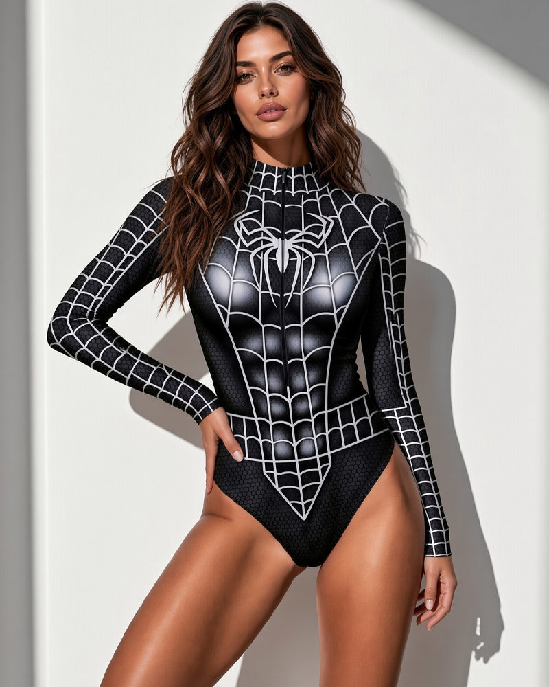 Spiderweb Print Long Sleeve Crotchless Costume Bodysuit