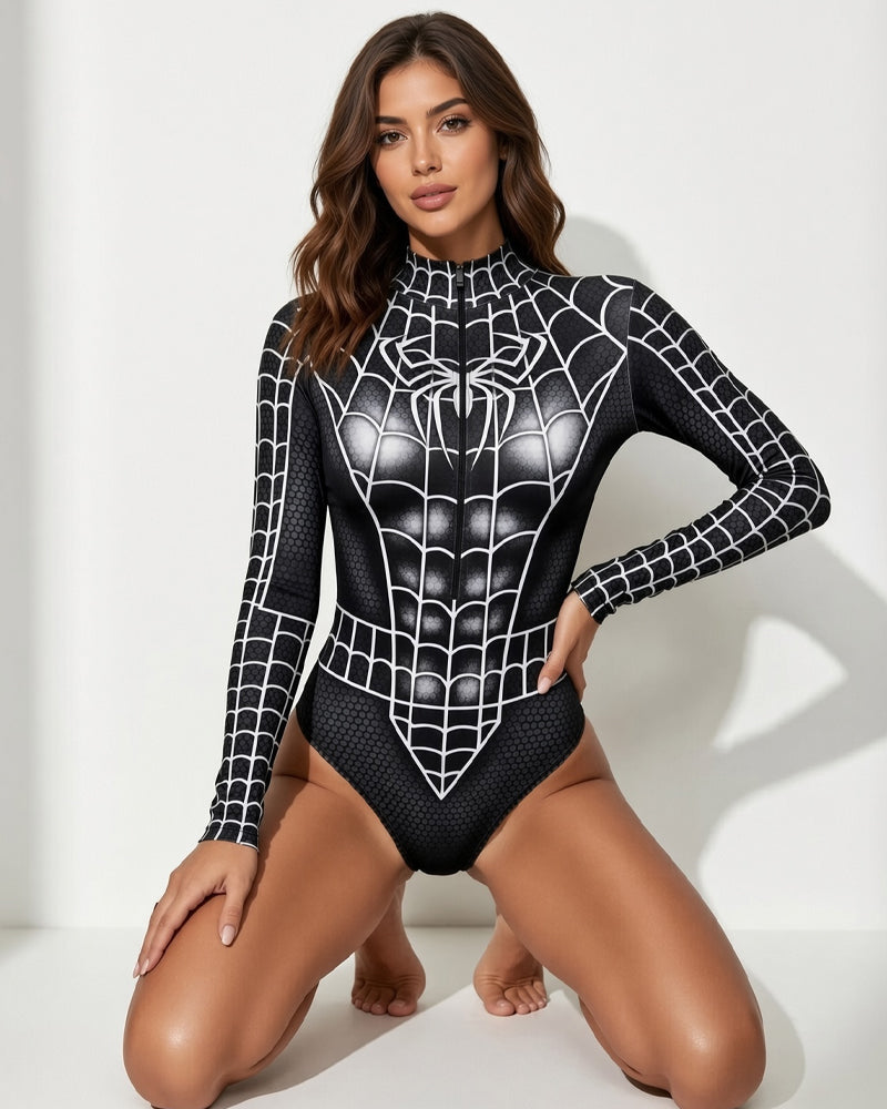 Spiderweb Print Long Sleeve Crotchless Costume Bodysuit