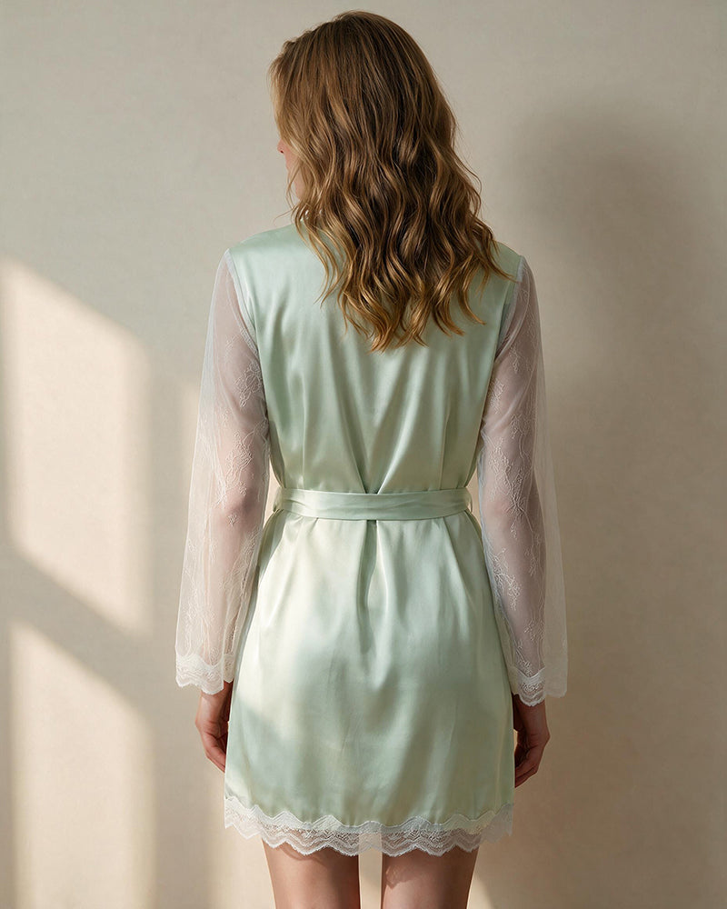 Mint satin lace wrap robe, back view, long sheer lace sleeves, belted waist