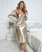 Satin Slip Dress and Robe Set - Khaki