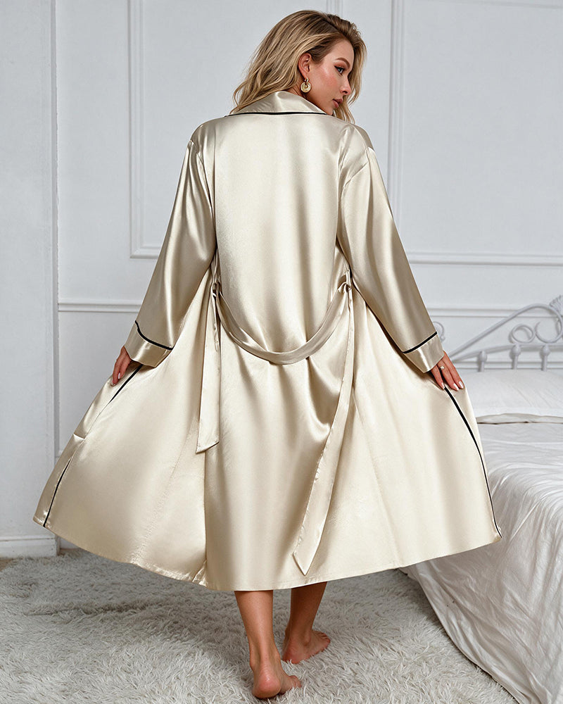 Satin Slip Dress and Robe Set - Khaki