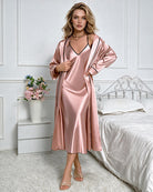 Satin Slip Dress and Robe Set - Pink