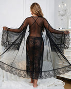 Sheer Mesh Lace Trim Chemise and Robe Set - Black