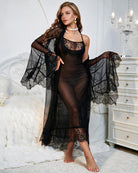 Sheer Mesh Lace Trim Chemise and Robe Set - Black