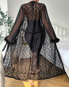 Lace Feather Trim Chemise and Robe Set - Black
