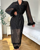 Lace Feather Trim Chemise and Robe Set - Black