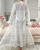 Lace Feather Trim Chemise and Robe Set - White