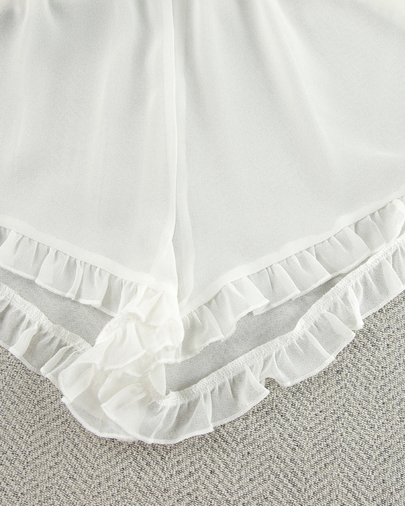 Sheer Ruffle Trim Cami and Shorts Set - White