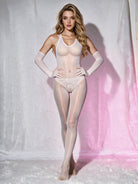 Glossy Halter Open-Crotch Bodystocking with Gloves - White