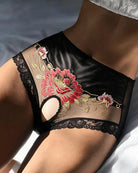 Floral Embroidered Mesh Crotchless High-Waist Panty - Black