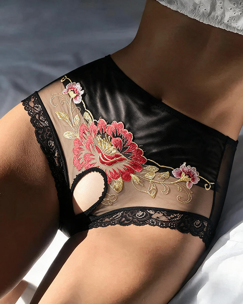 Floral Embroidered Mesh Crotchless High-Waist Panty - Black