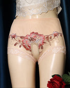 Floral Embroidered Mesh Crotchless High-Waist Panty - Nude