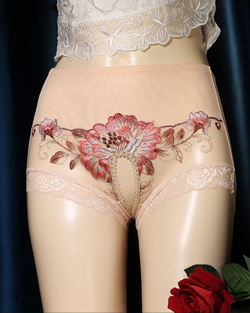 Floral Embroidered Mesh Crotchless High-Waist Panty - Nude
