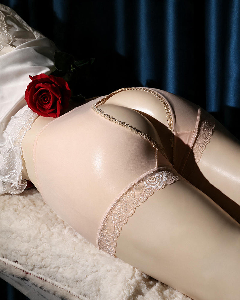 Nude mesh crotchless high-waist panty with scalloped lace trim