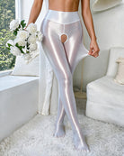 Ultra-Glossy Oil-Shine Crotchless Open-Toe Pantyhose - White