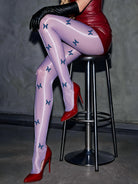 Glossy Oil-Shine Butterfly Print Crotchless Pantyhose - Violet