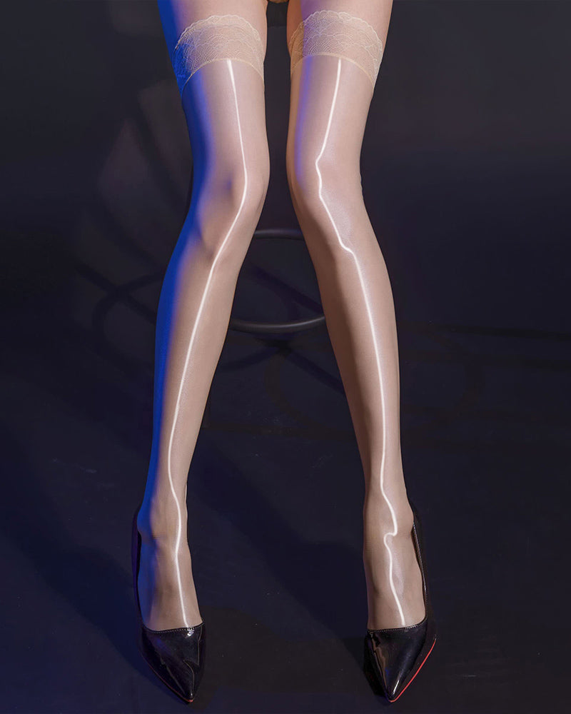 Oil-Shiny Lace Top Thigh-High Stockings