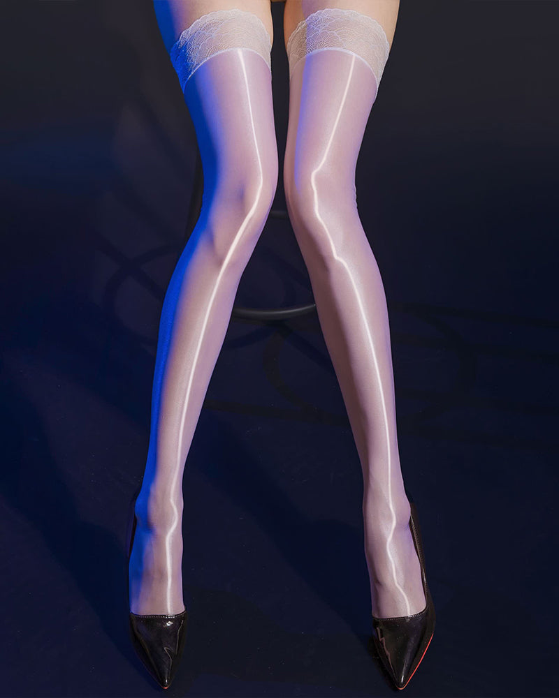Light nude shiny lace thigh-high stockings with lace top