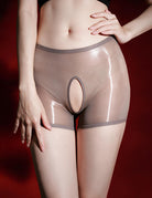Glossy Oil-Shine Open-Crotch Boyshort Panty - Grey
