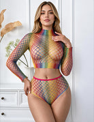 Rainbow Fishnet Mesh Crop Top and Shorts Lingerie Set - Rainbow