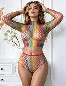 Rainbow Fishnet Mesh Crop Top and Shorts Lingerie Set - Rainbow