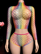 Rainbow Fishnet Mesh Crop Top and Shorts Lingerie Set - Rainbow