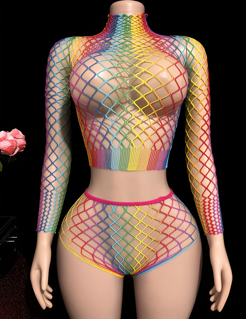Rainbow Fishnet Mesh Crop Top and Shorts Lingerie Set - Rainbow