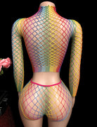 Rainbow Fishnet Mesh Crop Top and Shorts Lingerie Set - Rainbow