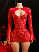 Lace Bell Sleeve Keyhole Cutout Mini Dress - Red