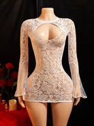 Lace Bell Sleeve Keyhole Cutout Mini Dress - White