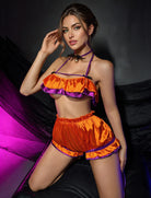 Halloween Ruffle Halter Satin Crop Top and Shorts Set - Orange