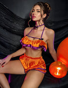 Halloween Ruffle Halter Satin Crop Top and Shorts Set - Orange