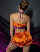Halloween Ruffle Halter Satin Crop Top and Shorts Set - Orange