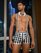 Checkerboard Stripe Suspender Brief Set with Bow Tie - Black