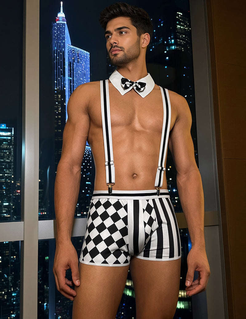 Checkerboard Stripe Suspender Brief Set with Bow Tie - Black