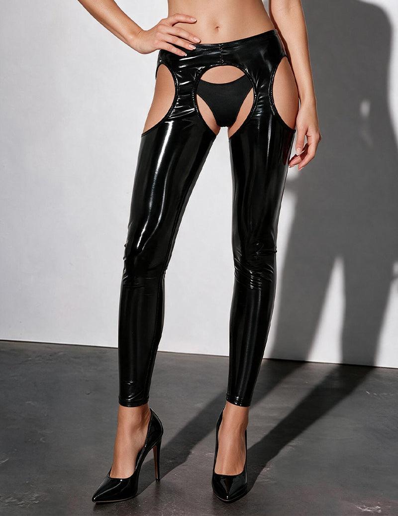 Black shiny high-waist open-crotch leggings with oval thigh cutouts, front view