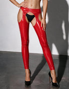 Red shiny high-waist open-crotch leggings with oval thigh cutouts, front view