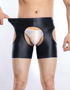 Men's sheer shiny black quarter-length leggings, low-rise, transparent brief with oval cutout