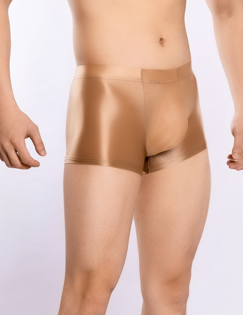 Men's shiny sheer low-rise boxer briefs, coffee-beige, U-convex pouch