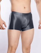 Men's shiny sheer low-rise boxer briefs, dark gray, U-convex pouch