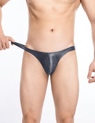Men’s shiny transparent ultra low-rise thong G-string in dark gray/black