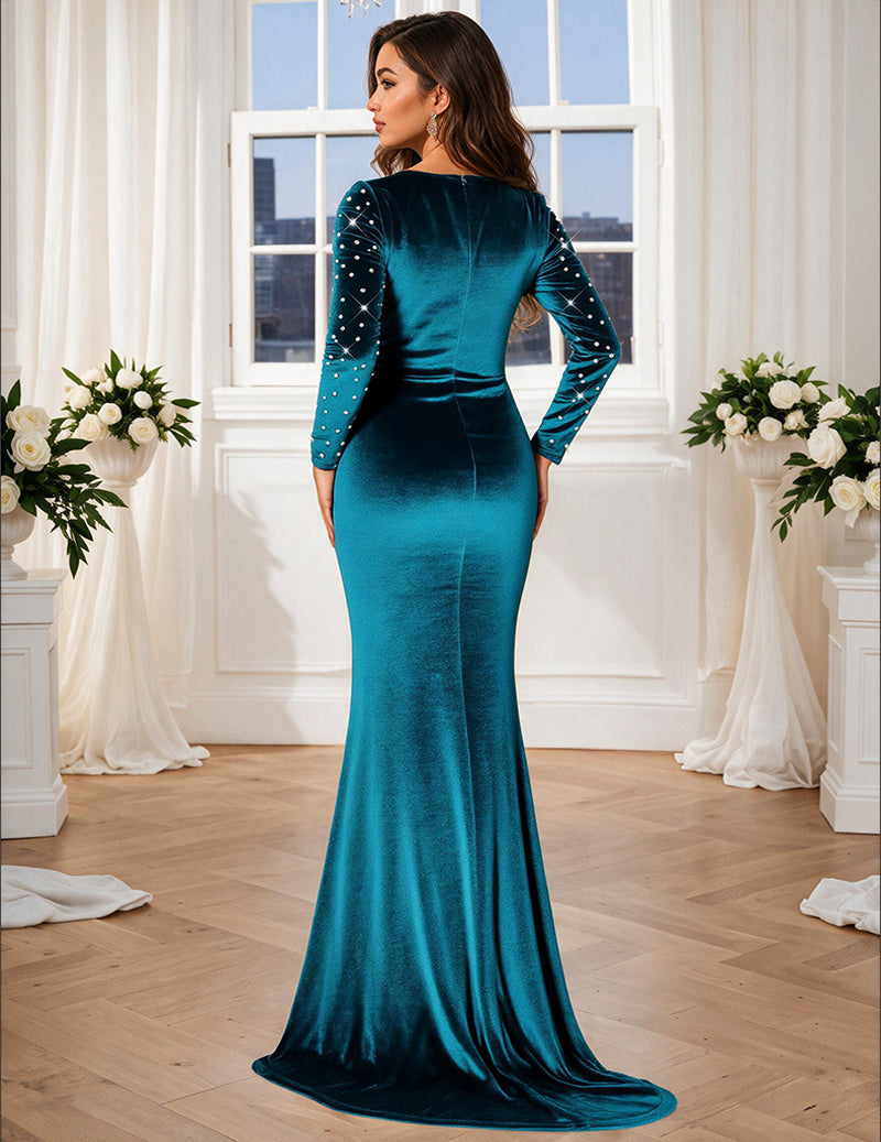 Peacock blue velvet mermaid evening gown, back view with long sleeves and beadwork