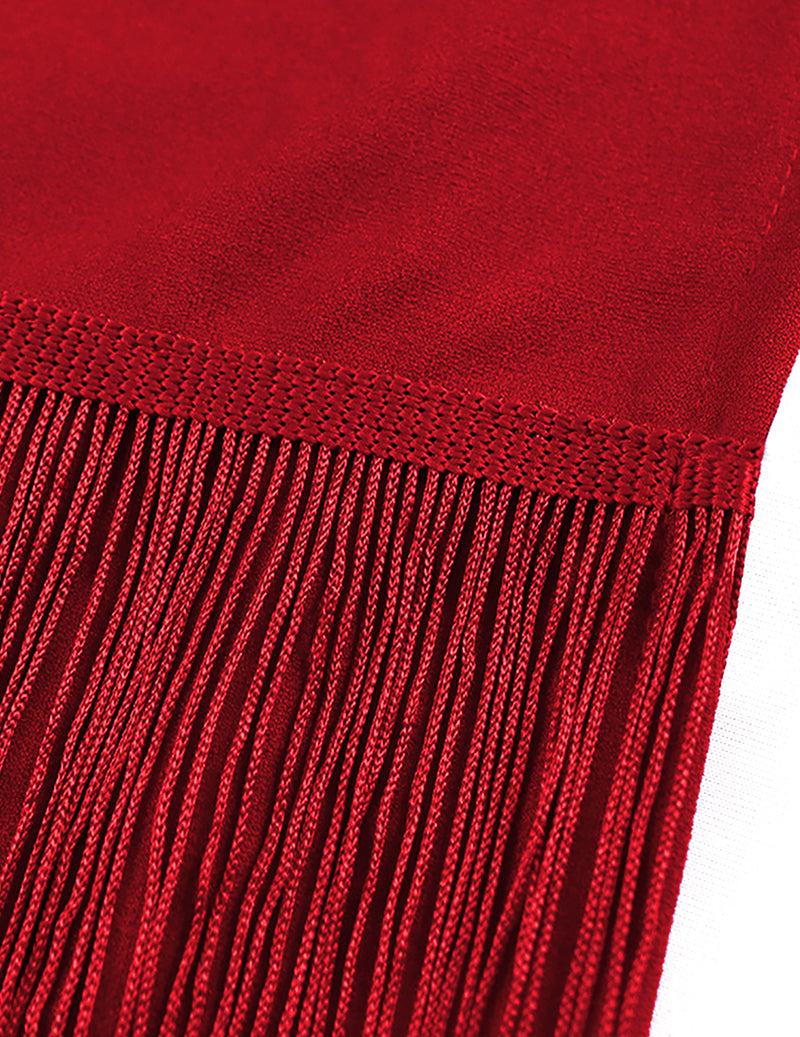 Red tiered fringe band on sheer mesh bodycon midi dress