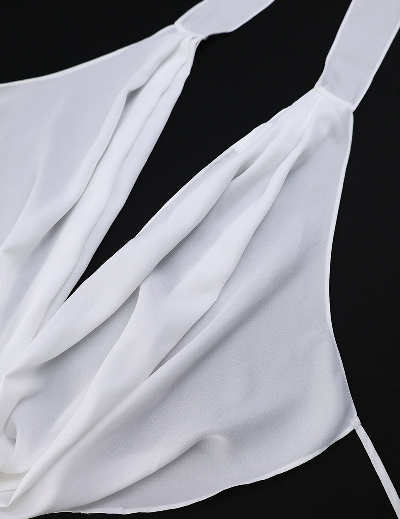 White halter cropped top detail with draped V neckline and fabric ties