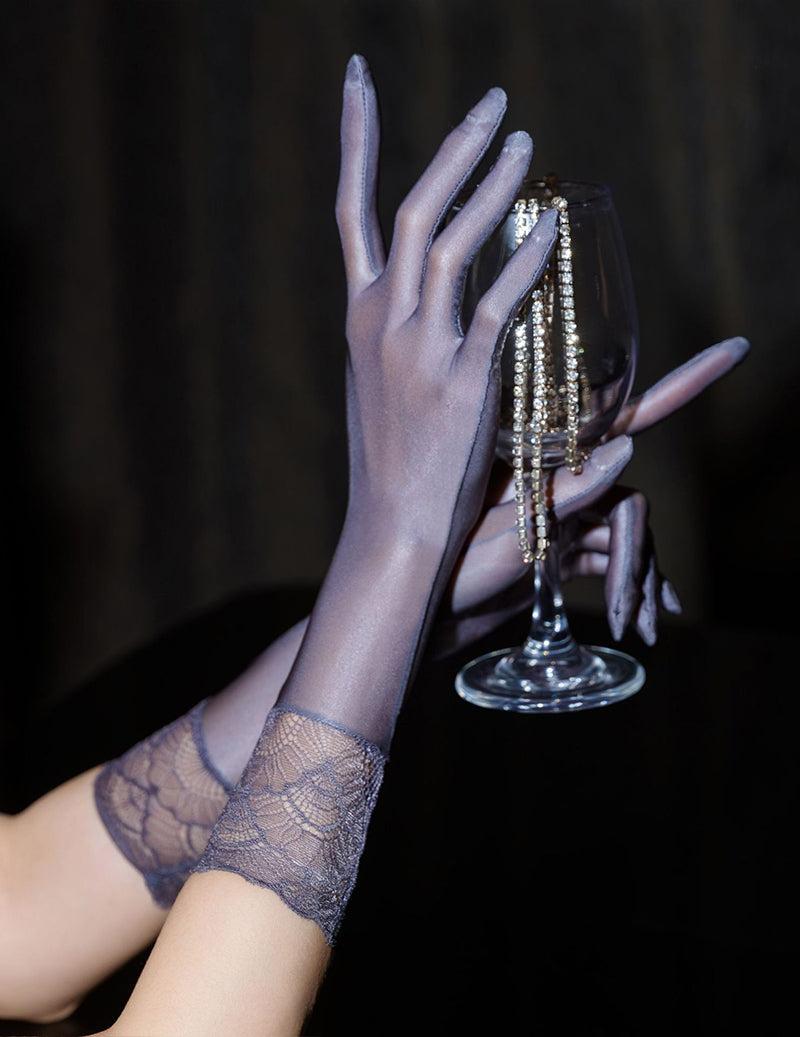 Lavender sheer opera gloves with lace cuff