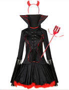 Devil queen Halloween costume dress, black with red corset lacing, mesh sleeves, horn headpiece
